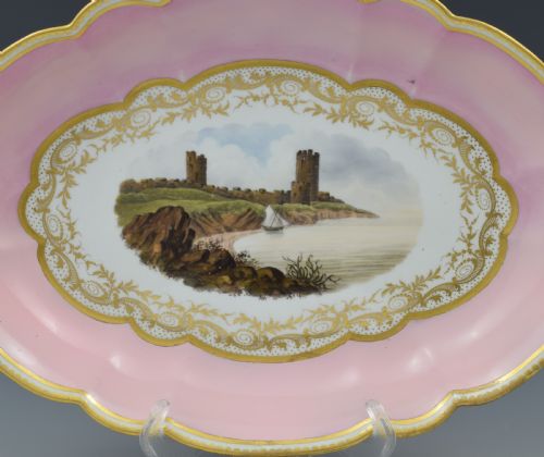 fig 1. Pale Pink Barr, Flight & Barr Porcelain Landscape Dessert Dish Aberystwyth Castle