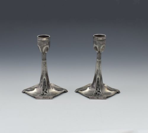 Pair of Wmf Art Nouveau Pewter Candlesticks C.1905