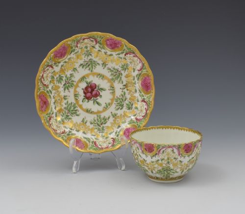 Rare First Period Worcester Sevres / Earl Manvers Style Hop Pattern Tea Bowl & Saucer