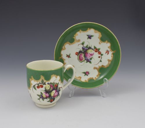 First Period Worcester Porcelain Spotted Fruit Pattern Coffee Cup & Saucer C.1770