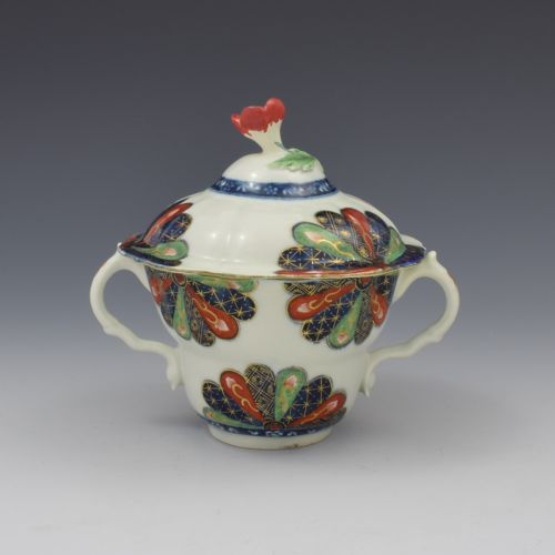 fig 2. First Period Worcester Porcelain Old Japan Fan Chocolate Cup, Cover & Stand c.1770