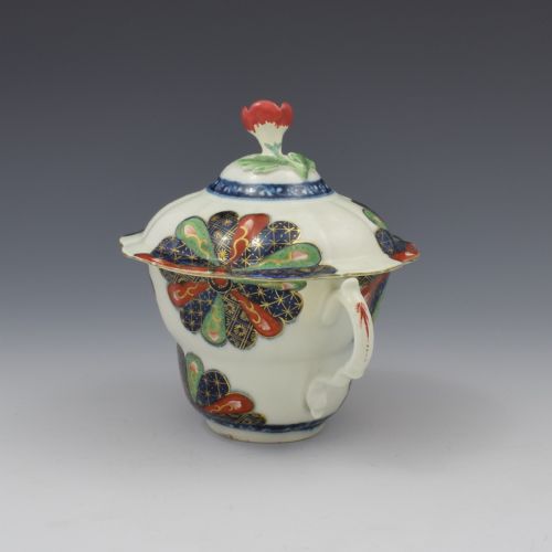 fig 3. First Period Worcester Porcelain Old Japan Fan Chocolate Cup, Cover & Stand c.1770