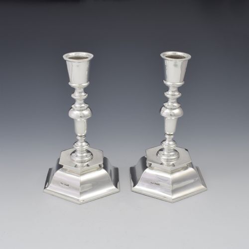Pair of Antique Edwardian Sterling Silver Hexagonal Candlesticks