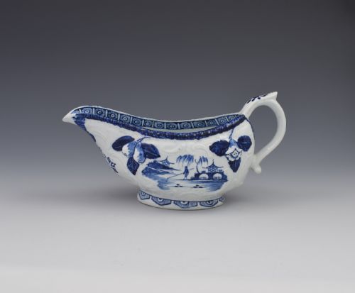 Early Derby Porcelain Blue & White Sauce Boat Chinese Scenes C.1760-65