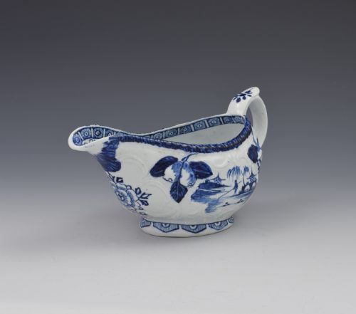 fig 1. Early Derby Porcelain Blue & White Sauce Boat Chinese Scenes c.1760-65