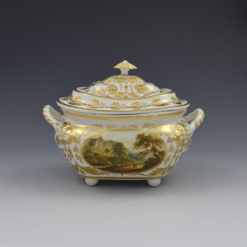 Derby Porcelain Sucrier & Cover Landscapes Berkshire & Wales C.1815