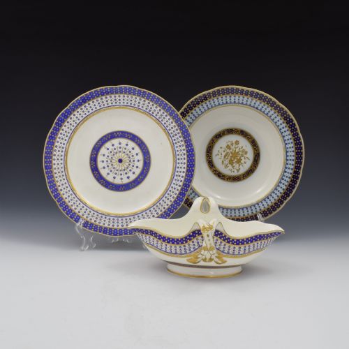 fig 1. 18th Century Sevres Porcelain Sauciere A Deux Sauceboat & Plate Pois Bleu 1788
