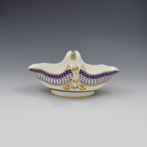 fig 2. 18th Century Sevres Porcelain Sauciere A Deux Sauceboat & Plate Pois Bleu 1788