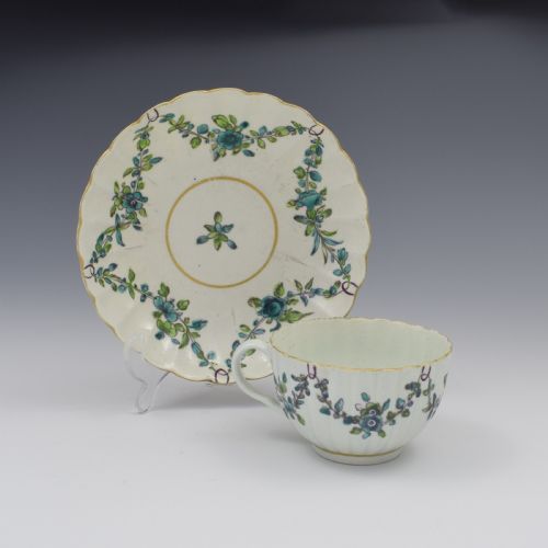 First Period Worcester Porcelain Fluted Cup & Saucer C.1770