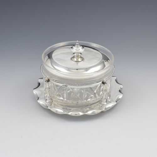 Fine Edwardian Sterling Silver & Cut Glass Butter Dish