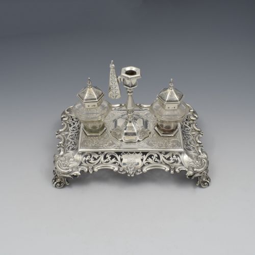 Antique Victorian Silver Double Inkstand with Taperstick & Stamp Box
