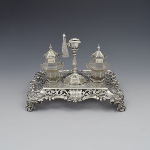 fig 1. Antique Victorian Silver Double Inkstand With Taperstick & Stamp Box