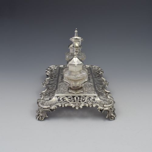 fig 3. Antique Victorian Silver Double Inkstand With Taperstick & Stamp Box