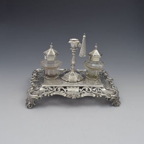 fig 4. Antique Victorian Silver Double Inkstand With Taperstick & Stamp Box
