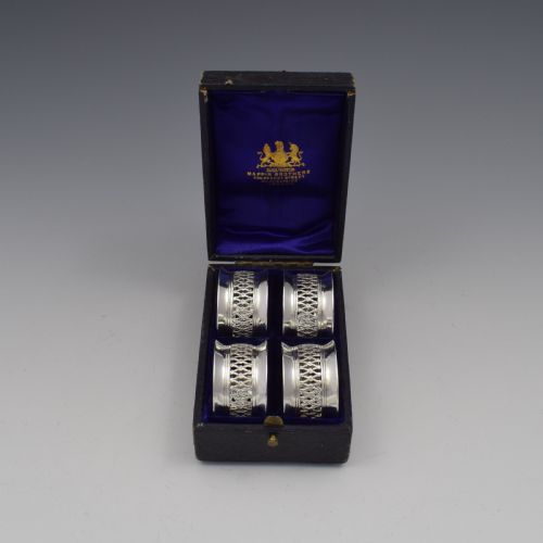 Cased Set 4 Victorian Silver Napkin Rings Nautical / Fishing Theme