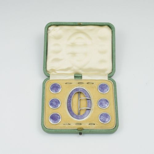 Fine Edwardian Silver & Lilac Guilloche Enamel Buckle & 6 Dress Studs
