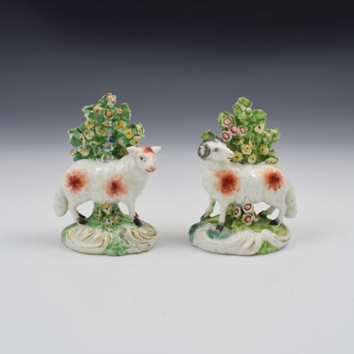 Pair Derby Porcelain Bocage Figures of Sheep, Ram & Ewe, C.1770