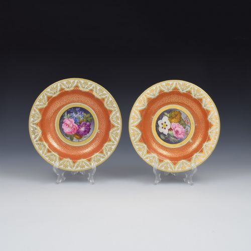 Pair Chamberlain Worcester Porcelain Orange Ground Dessert / Soup Plates
