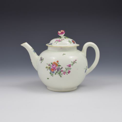First Period Worcester Porcelain Floral Painted Globular Teapot C.1765