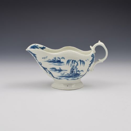 Rare First Period Worcester Porcelain One Porter Landscape Pattern Sauce Boat C.1765