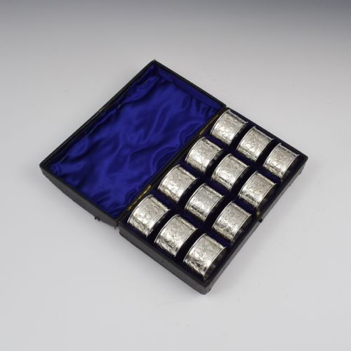 Cased Set of Twelve 12 Victorian Silver Napkin Rings