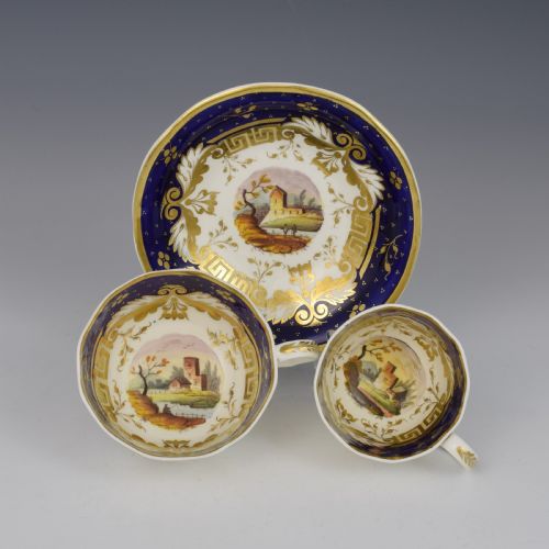 New Hall Porcelain Landscape Cup & Saucer Trio Pattern 3750 C.1830