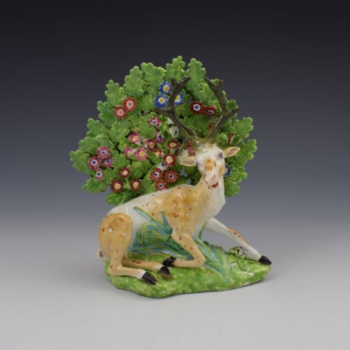 Bloor Derby Porcelain Large Bocage Figure Recumbent Stag C.1820