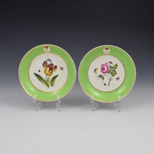 Pair of Bloor Derby Porcelain Armorial Botanical Saucer Dishes