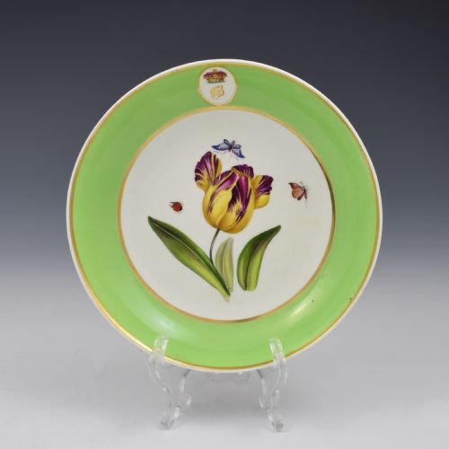 fig 1. Pair Of Bloor Derby Porcelain Armorial Botanical Saucer Dishes