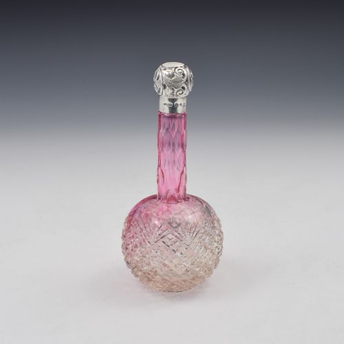 Victorian Silver & Cranberry Cut Glass Scent / Perfume Bottle