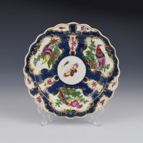 First Period Worcester Porcelain Blue Scale & Fancy Birds Dessert Plate C.1770