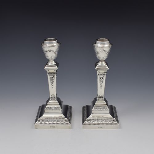 Fine Pair of Edwardian Neoclassical Silver Candlesticks Walker & Hall