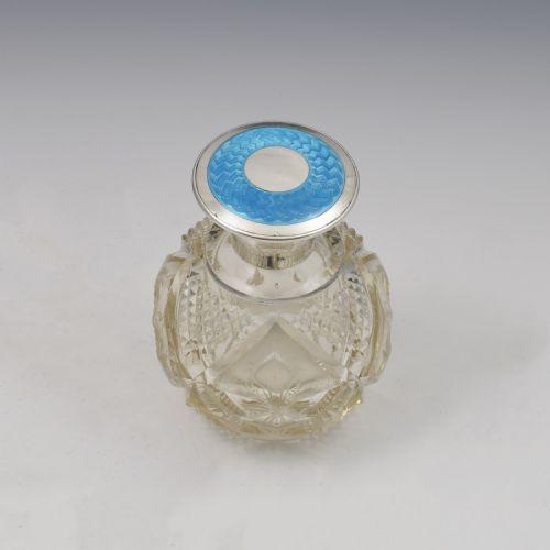 Fine Turquoise Guilloche Enamel & Silver Cut Glass Scent Bottle