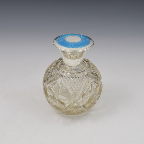 fig 1. Fine Turquoise Guilloche Enamel & Silver Cut Glass Scent Bottle