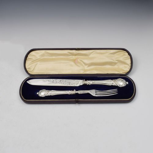 fig 1. Cased Victorian Silver Handled Cake Knife & Serving Fork Set 1852