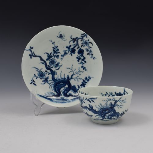 First Period Worcester Porcelain Prunus Root Tea Bowl & Saucer C.1760