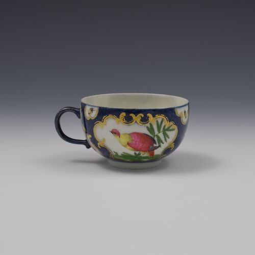 First Period Worcester Porcelain Blue Scale & Fancy Bird Tea Cup C.1770