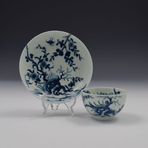 First Period Worcester Porcelain Prunus Root Tea Bowl & Saucer C.1760