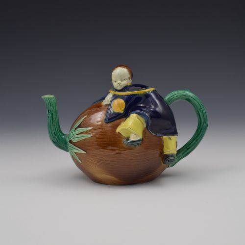 Victorian Holdcroft Majolica Boy on Coconut Teapot C.1875