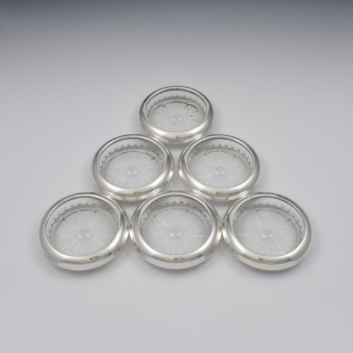Set of Six Sterling Silver & Glass Wine Glass Coasters
