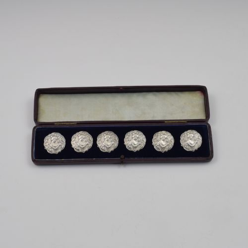 fig 1. Cased Set Of Six Edwardian Art Nouveau Silver Maiden Buttons