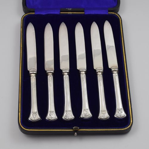 Novelty Cased Silver Tea Fruit Knives Animals & Prince of Wales Feathers 1922