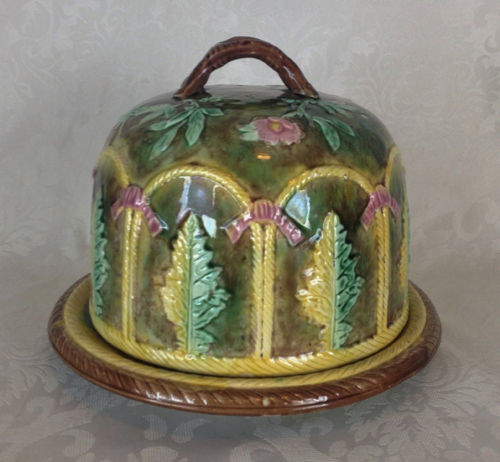 Large Victorian Forester Majolica Cheese Bell Dome & Stand