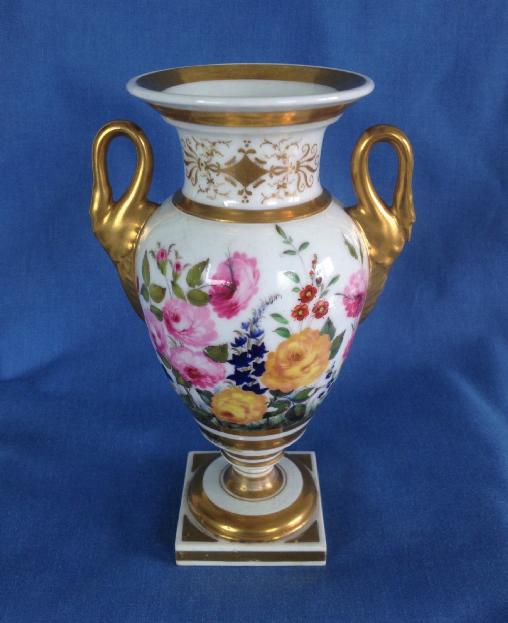 Worcester Grainger Lee & Co. Urn Pedestal Vase Swan Handles Floral Enamels