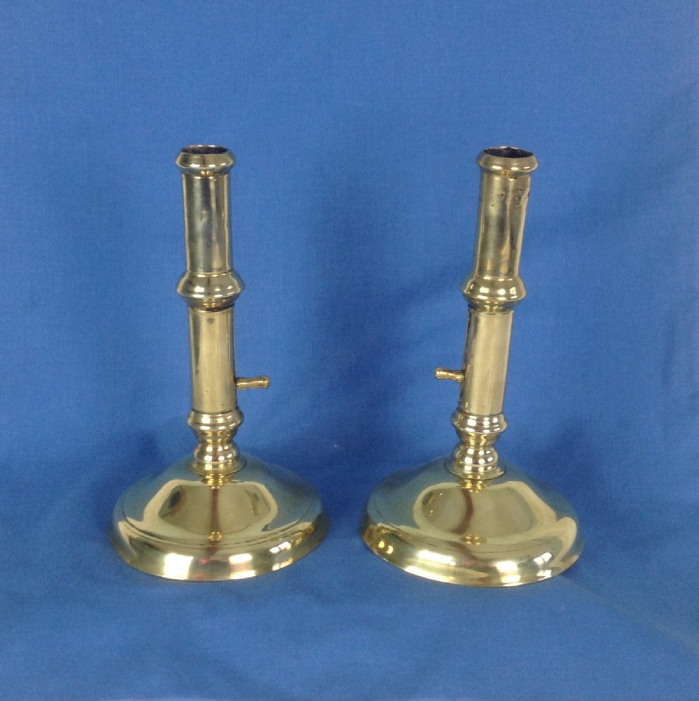 Pair Early 18th Century Brass Side Ejector Candlesticks George II Domed Base Georgian