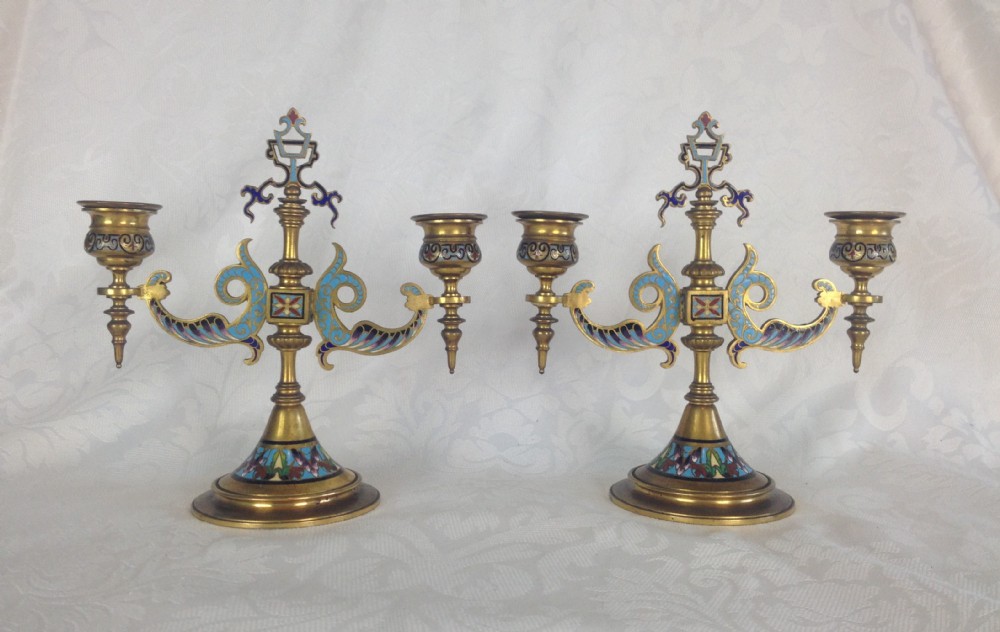 Fine Pair 19thC French Gilt Bronze Champleve Enamel Candelabra Candlesticks Turkish Style Ormolu