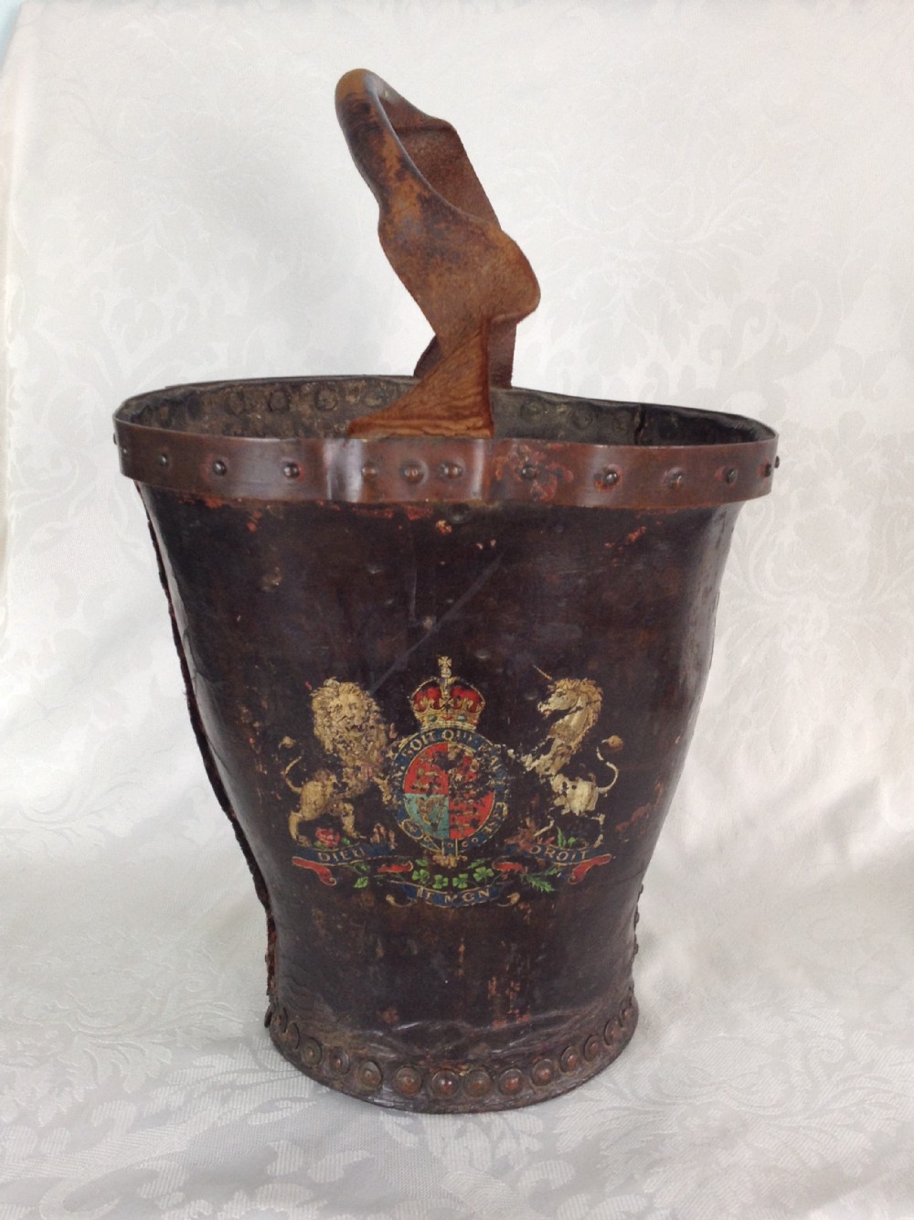 Antique 19thC Leather Riveted Fire Bucket Royal Coat Of Arms Copper Rim