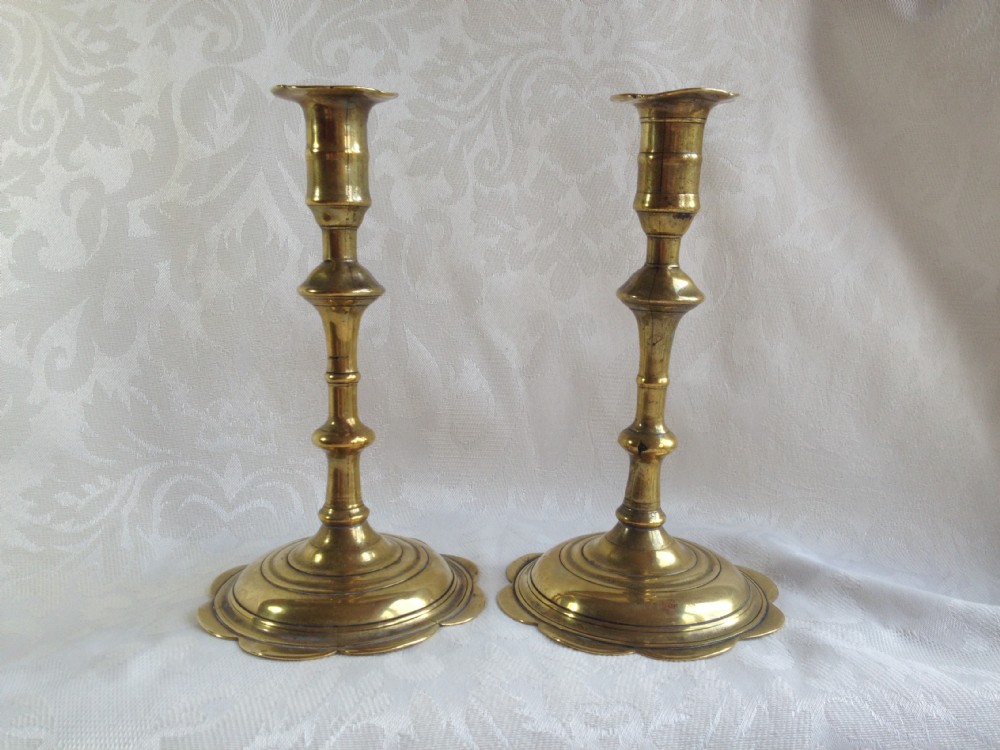 Pair Early 18th Century Seamed Brass Petal Base Candlesticks Multi Knopped Stems George II