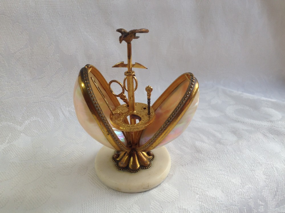 Pretty 19th Century French Mother Of Pearl & Ormolu Egg Sewing Necessaire Etui Possibly Palais Royal