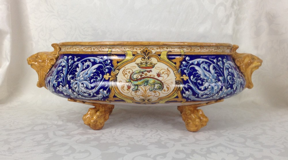 19th Century c.1860 French Faience Ulysses Blois (Besnard) Jardiniere Francois I Salamander Dragons & Lions